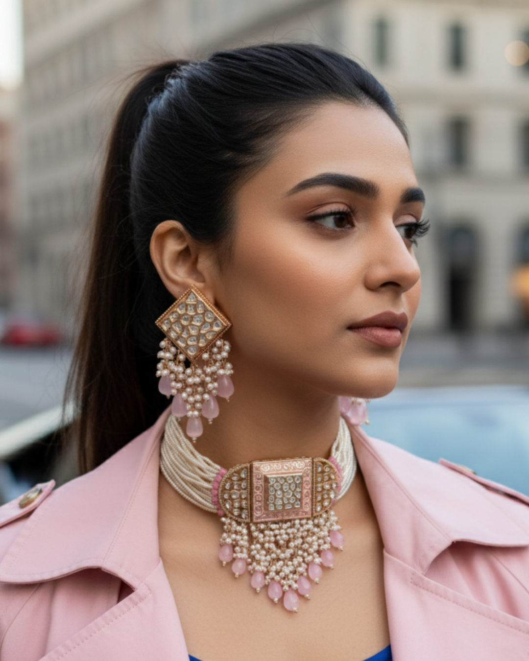 ISHANA Baby Pink Uncut-Kundan Necklace/Choker Set