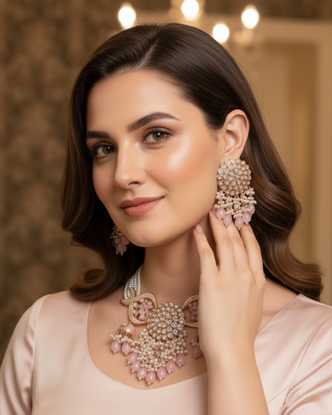 ARSHPREET Baby Pink Uncut-Kundan Necklace/Choker Set