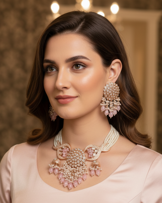 ARSHPREET Baby Pink Uncut-Kundan Necklace/Choker Set