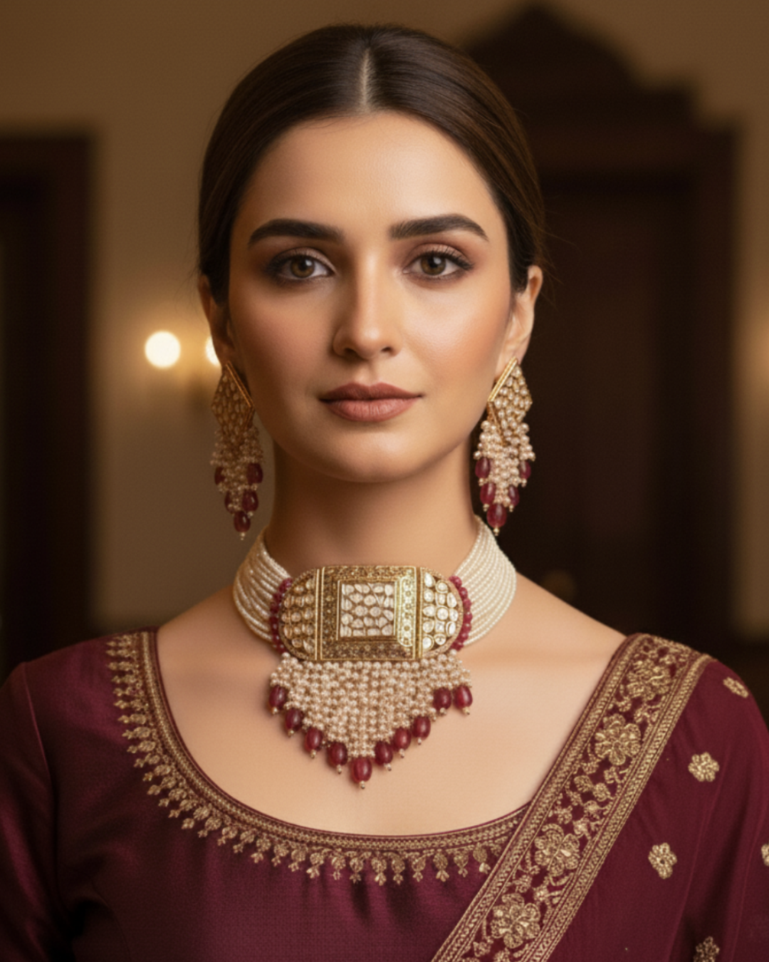 ISHANA Ruby Uncut-Kundan Necklace/Choker Set