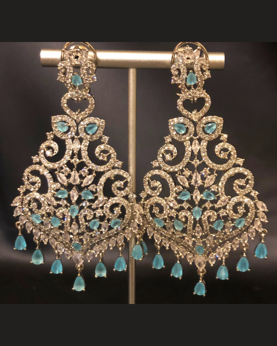 Cubic Zirconia Statement Earrings - Silver/Sky Blue
