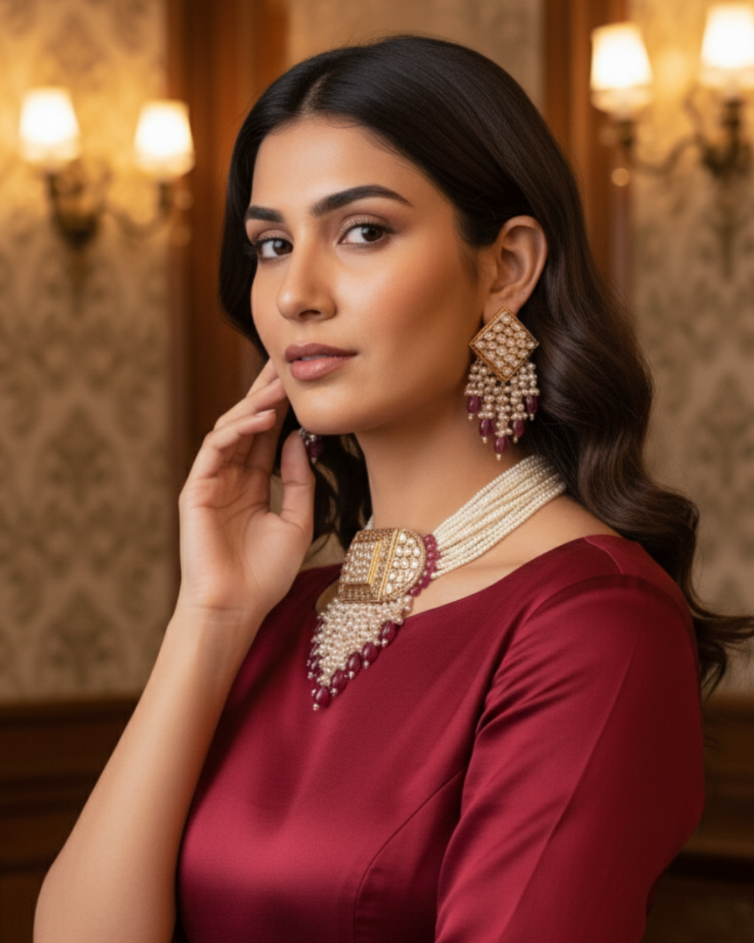 ISHANA Ruby Uncut-Kundan Necklace/Choker Set
