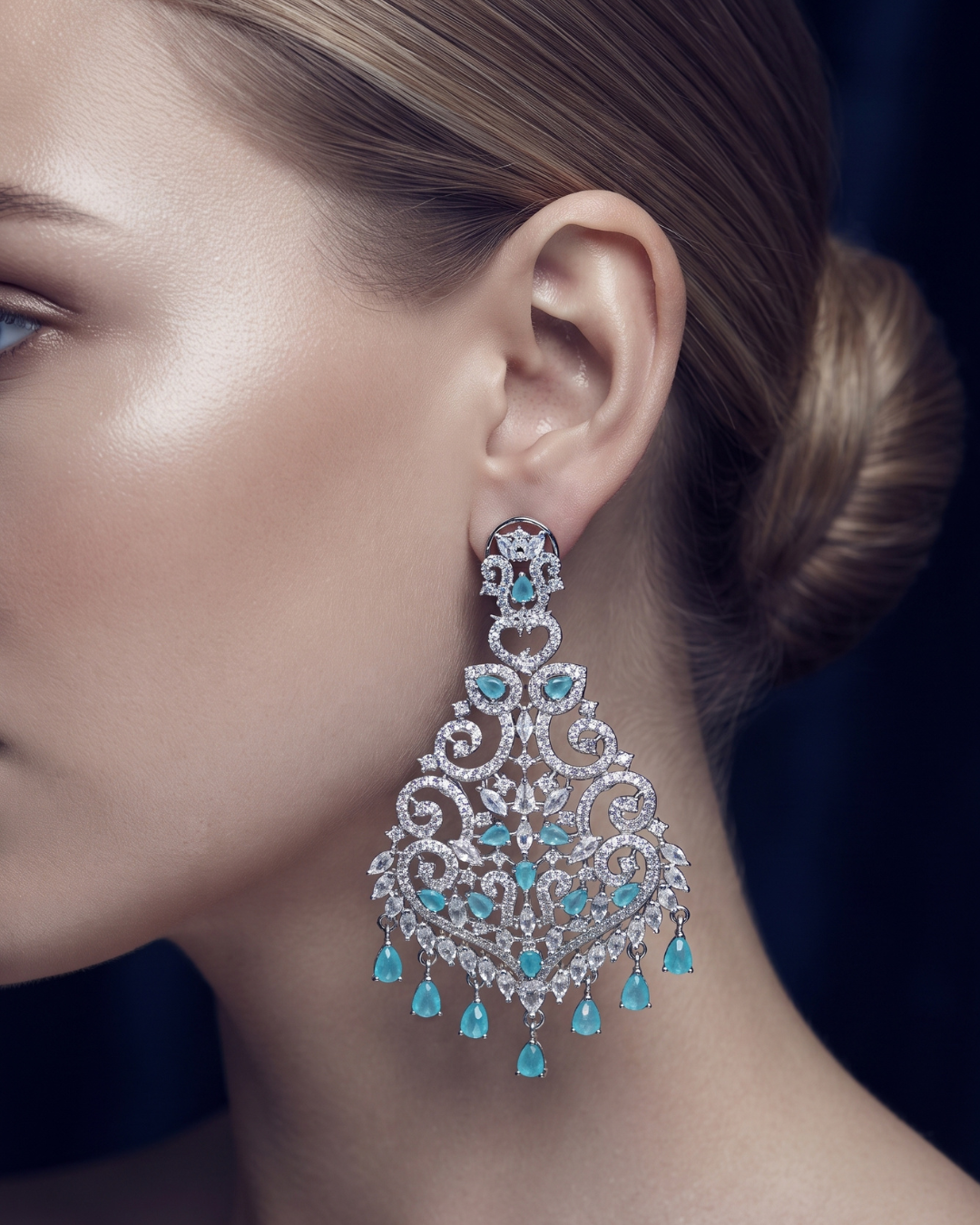 Cubic Zirconia Statement Earrings - Silver/Sky Blue
