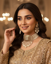 ISHANA Golden Uncut-Kundan Necklace/Choker Set