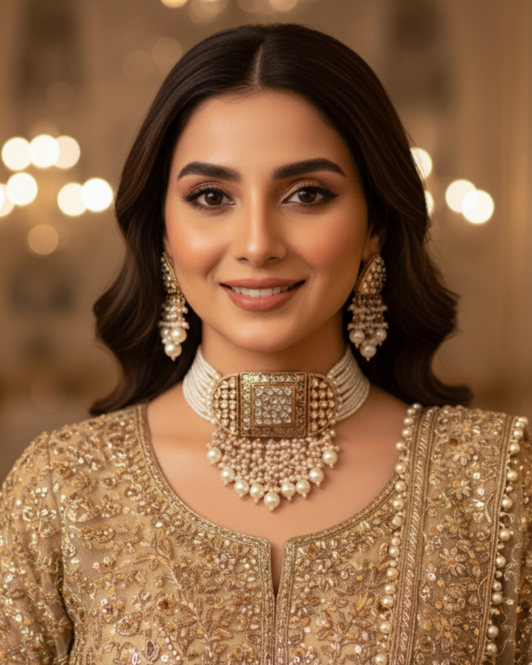 ISHANA Golden Uncut-Kundan Necklace/Choker Set