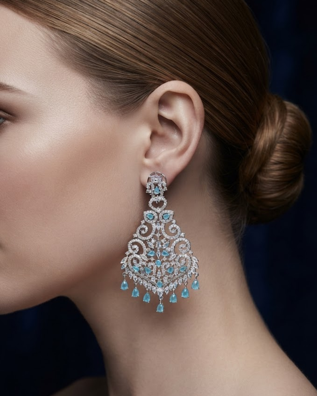 Cubic Zirconia Statement Earrings - Silver/Sky Blue