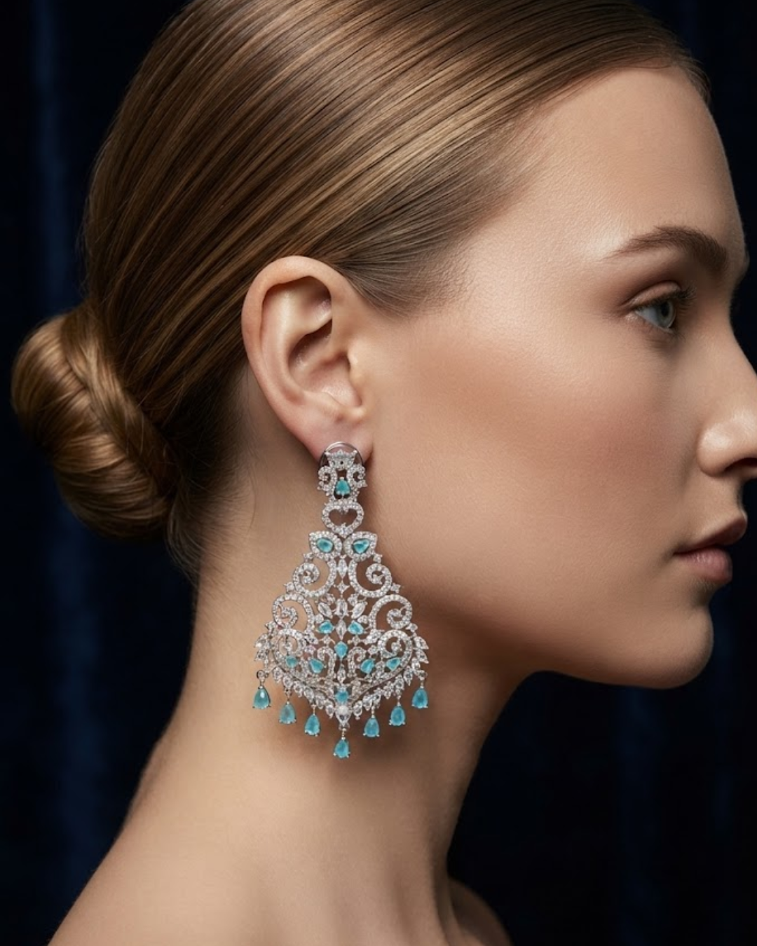 Cubic Zirconia Statement Earrings - Silver/Sky Blue