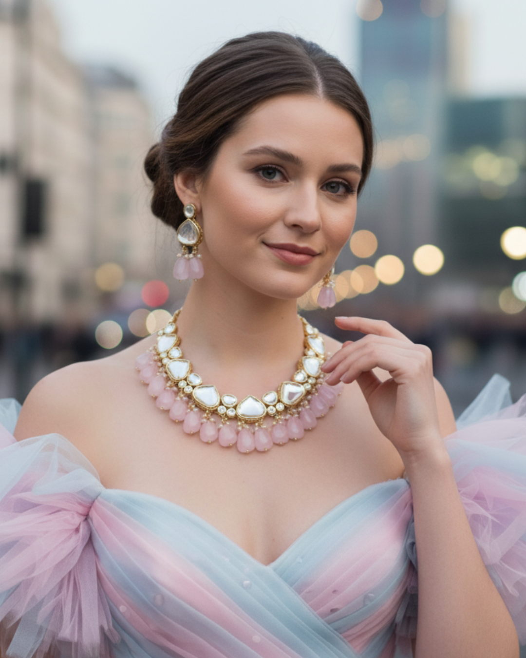 MEEREN Victorian Choker Necklace Set (Baby Pink)