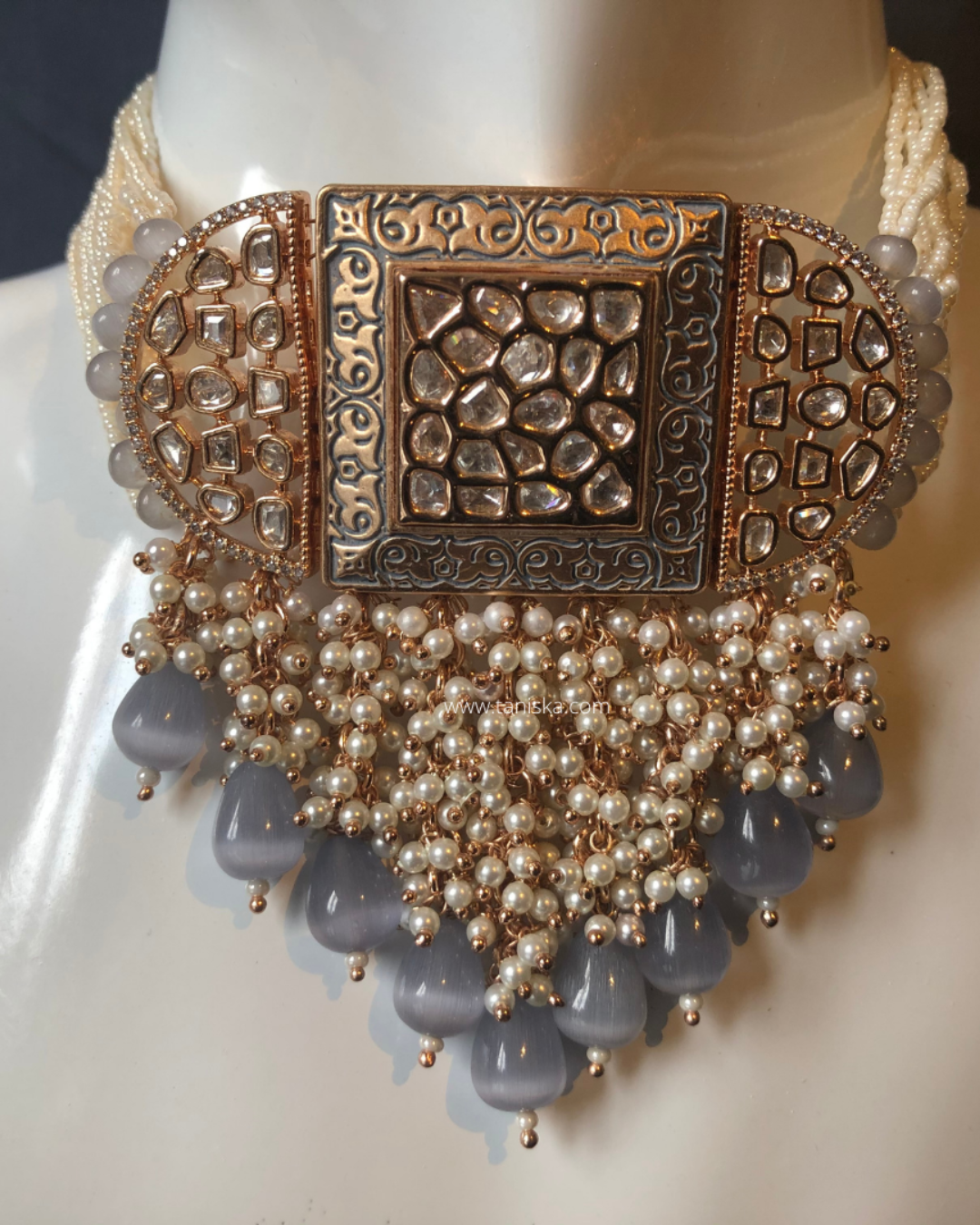 ISHANA Grey Uncut-Kundan Necklace/Choker Set