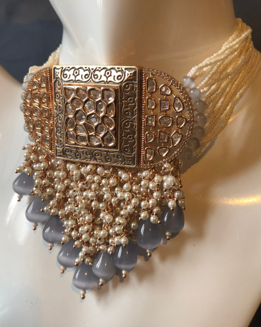ISHANA Grey Uncut-Kundan Necklace/Choker Set
