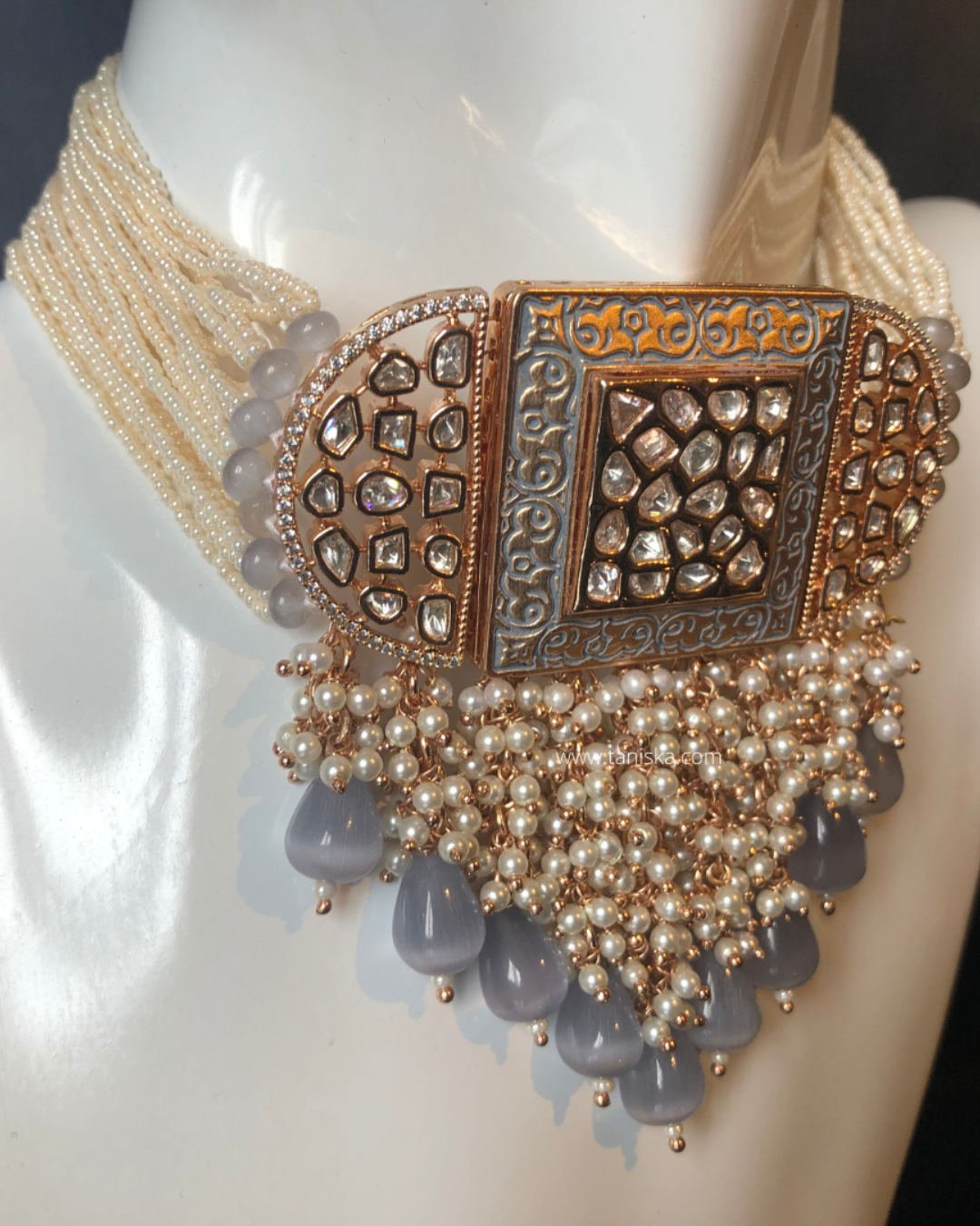ISHANA Grey Uncut-Kundan Necklace/Choker Set