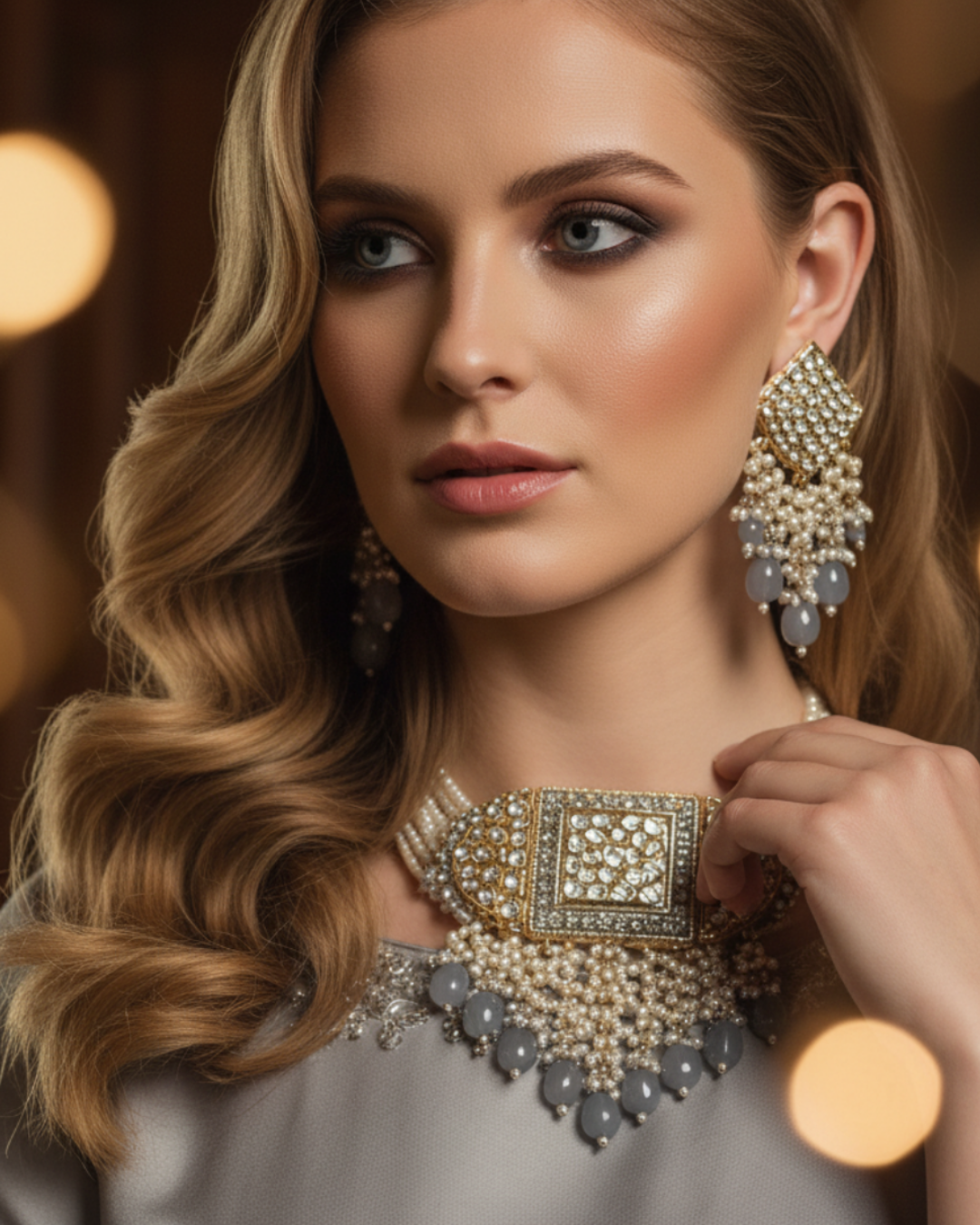 ISHANA Grey Uncut-Kundan Necklace/Choker Set