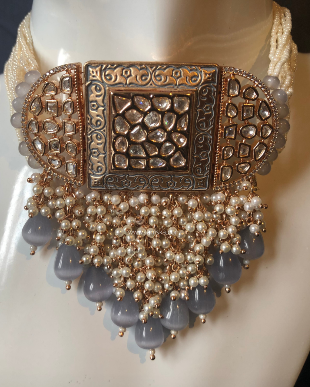 ISHANA Grey Uncut-Kundan Necklace/Choker Set