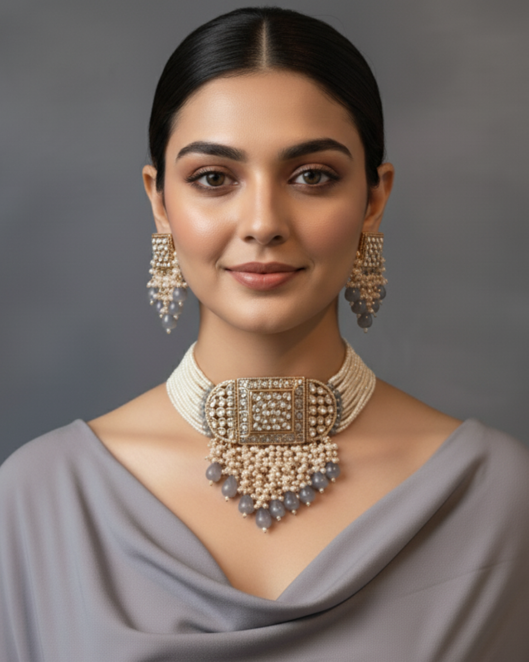 ISHANA Grey Uncut-Kundan Necklace/Choker Set