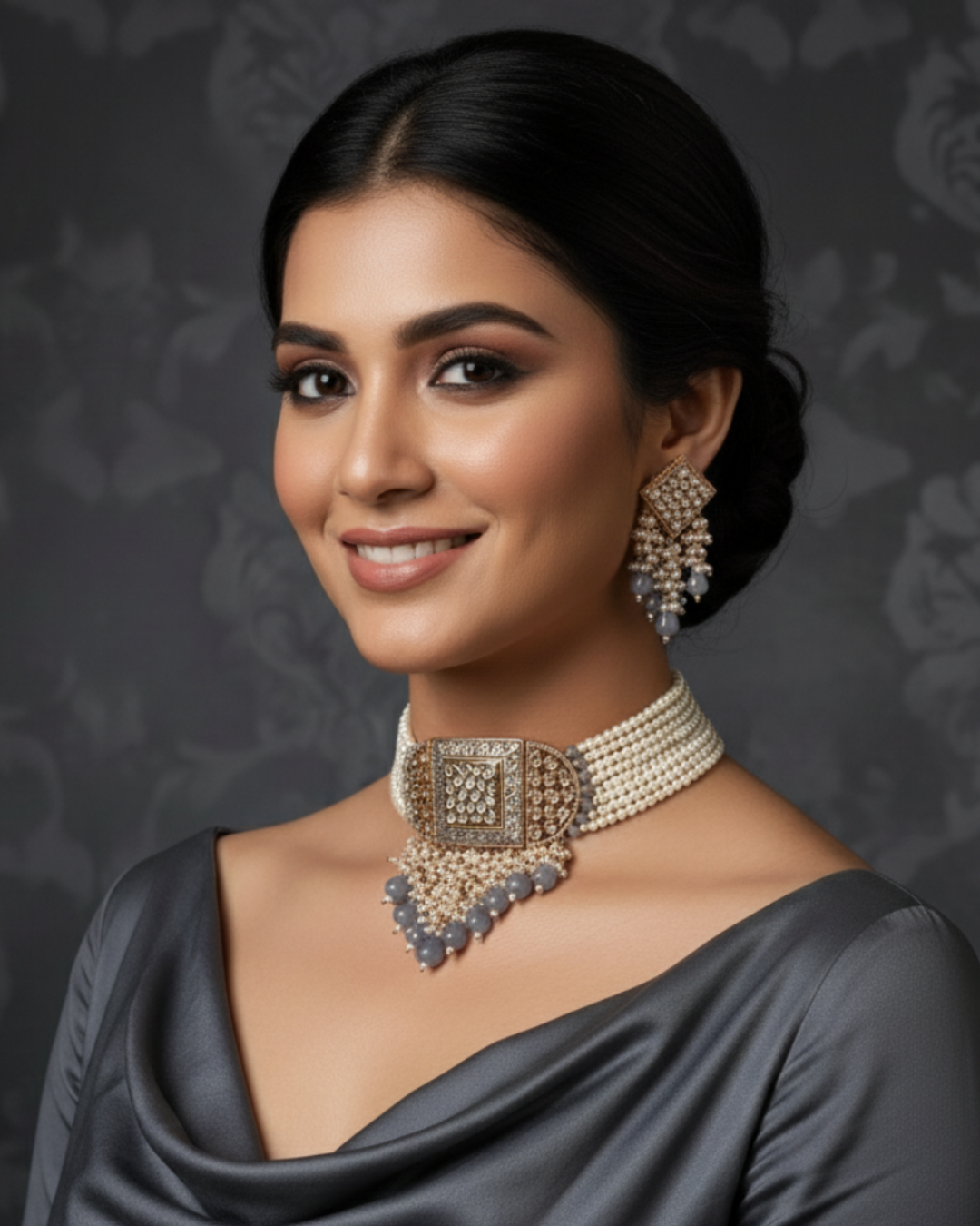 ISHANA Grey Uncut-Kundan Necklace/Choker Set