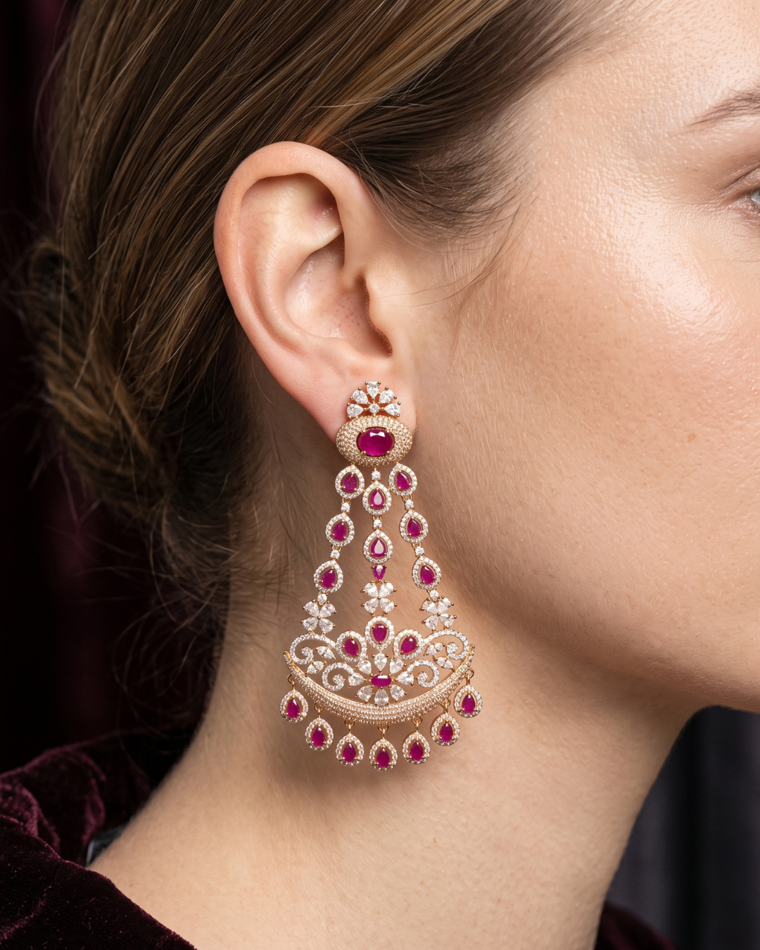 Cubic Zirconia Statement Earrings - Hot Pink / Rose Gold
