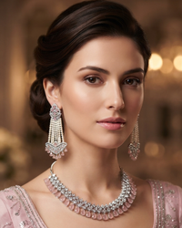 American Diamond Style Necklace Set - Silver/Baby Pink