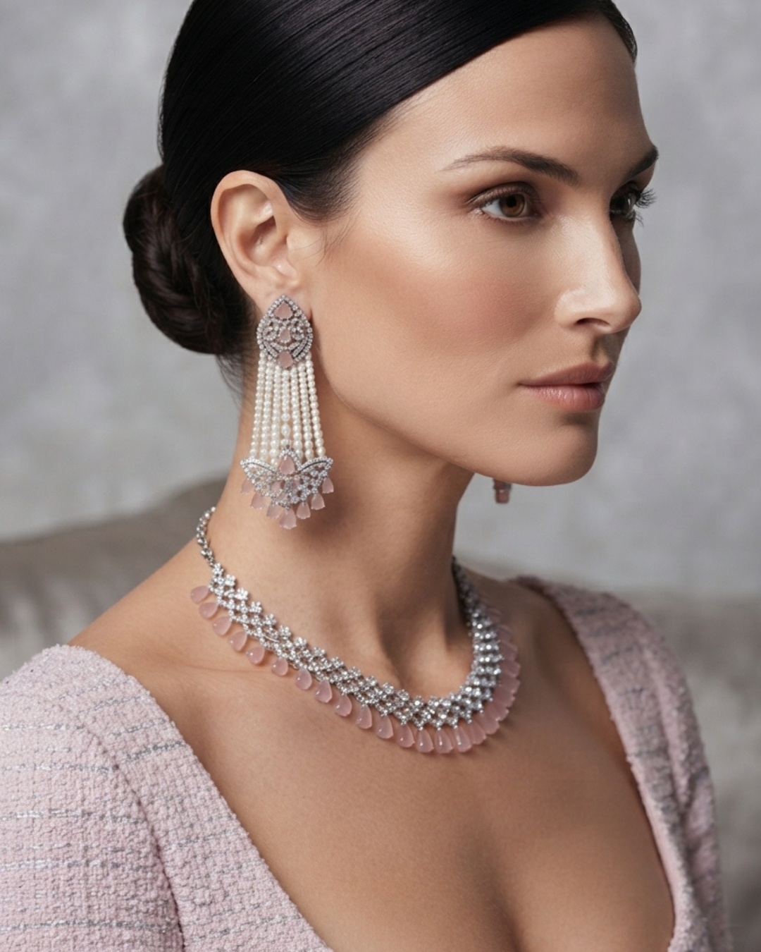 American Diamond Style Necklace Set - Silver/Baby Pink