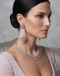 American Diamond Style Necklace Set - Silver/Baby Pink