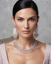 American Diamond Style Necklace Set - Silver/Baby Pink