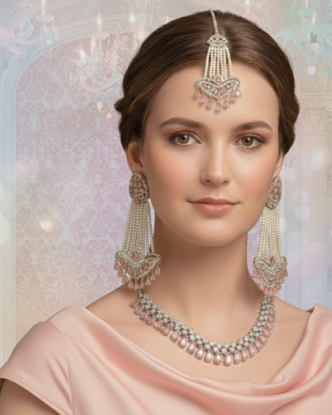 American Diamond Style Necklace Set - Silver/Baby Pink
