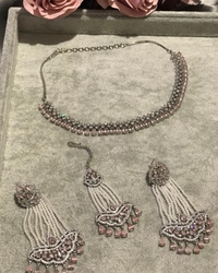 American Diamond Style Necklace Set - Silver/Baby Pink