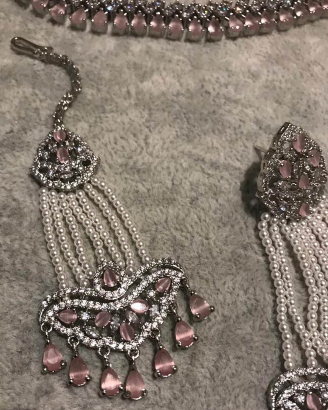 American Diamond Style Necklace Set - Silver/Baby Pink