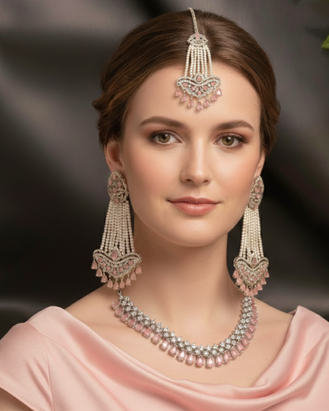 American Diamond Style Necklace Set - Silver/Baby Pink