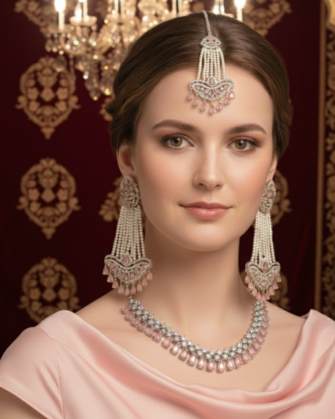 American Diamond Style Necklace Set - Silver/Baby Pink