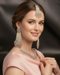 American Diamond Style Necklace Set - Silver/Baby Pink