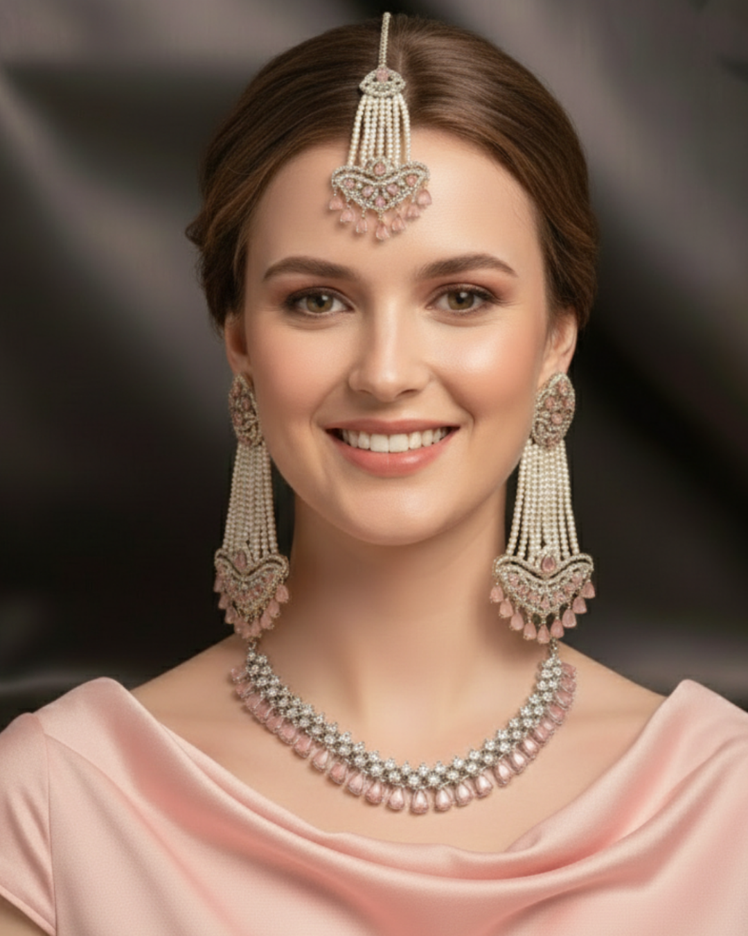 American Diamond Style Necklace Set - Silver/Baby Pink