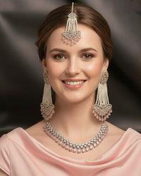 American Diamond Style Necklace Set - Silver/Baby Pink