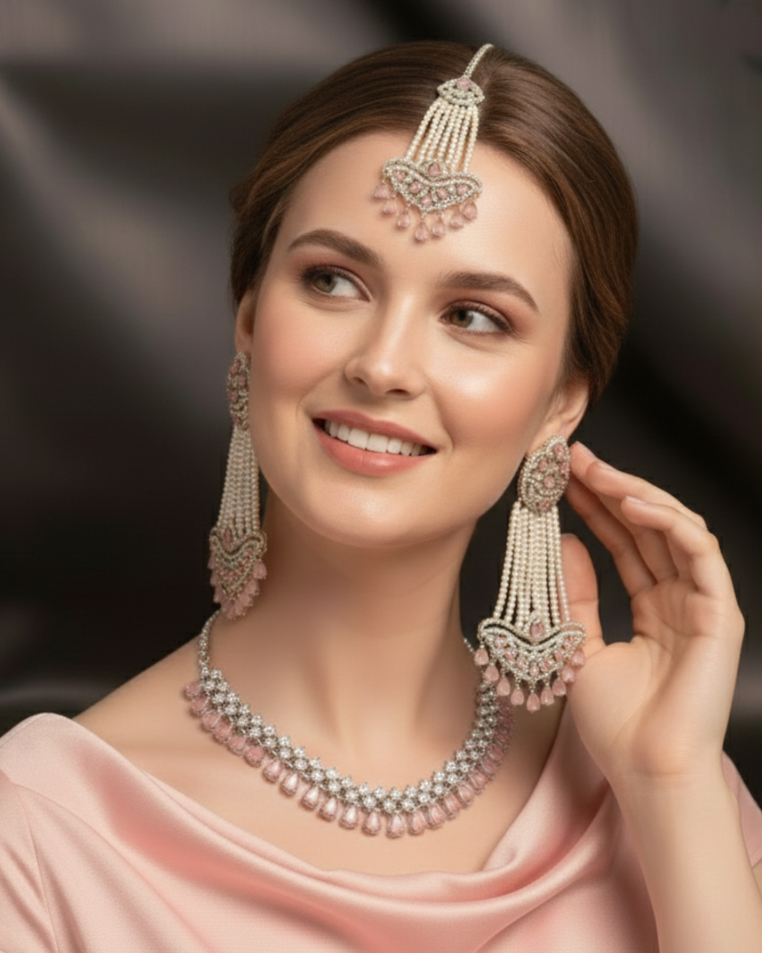 American Diamond Style Necklace Set - Silver/Baby Pink