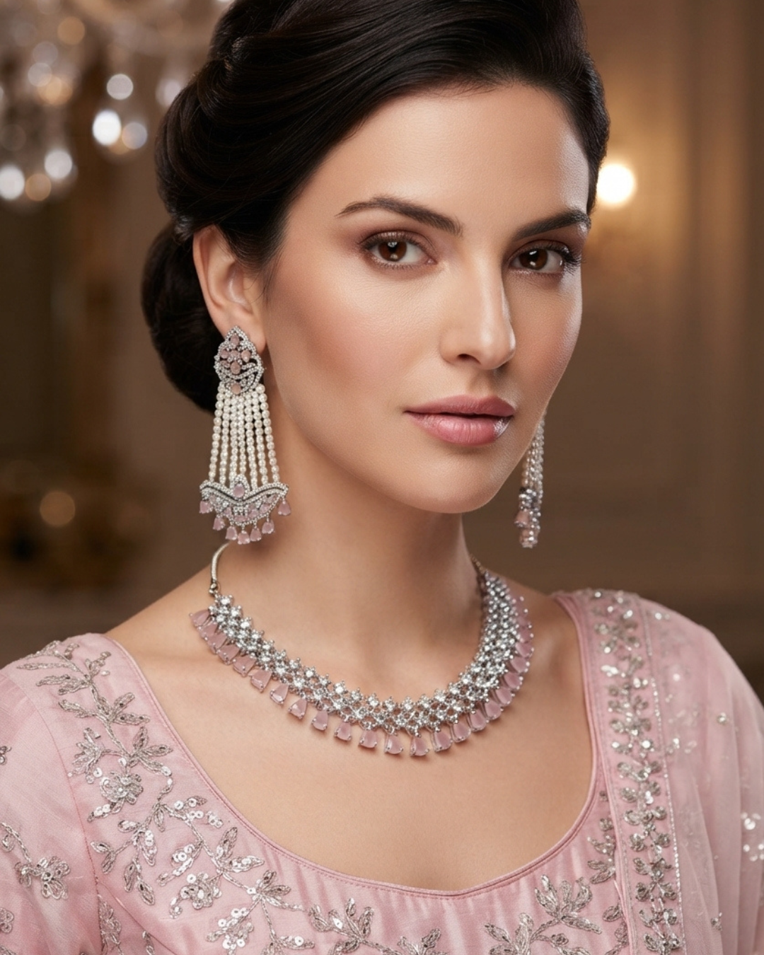 American Diamond Style Necklace Set - Silver/Baby Pink