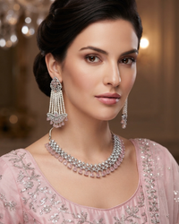 American Diamond Style Necklace Set - Silver/Baby Pink