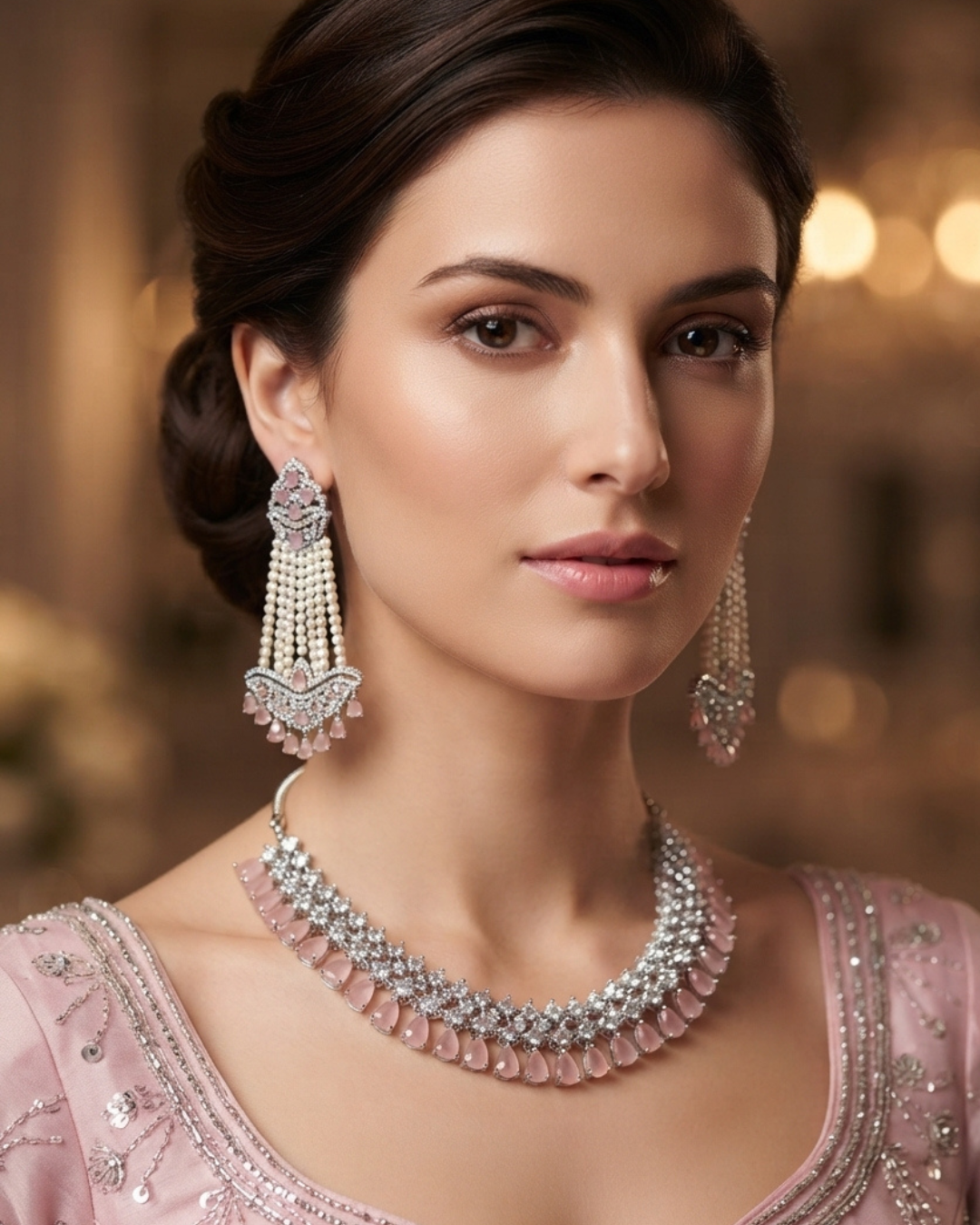 American Diamond Style Necklace Set - Silver/Baby Pink