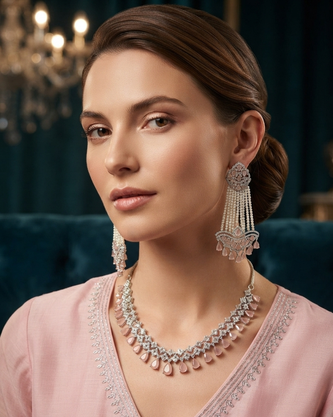 American Diamond Style Necklace Set - Silver/Baby Pink