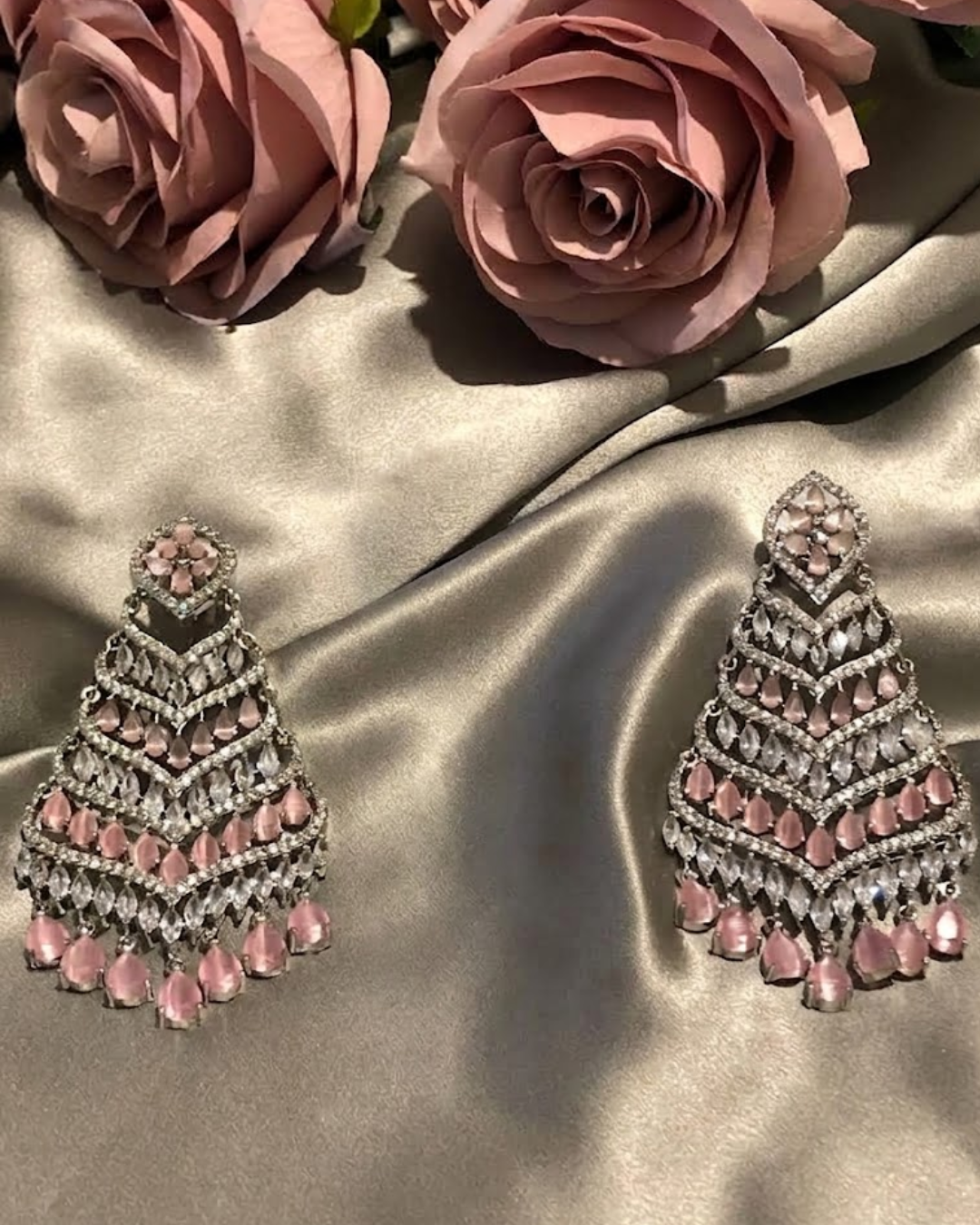 Cubic Zirconia Statement Earrings - Baby Pink / Silver