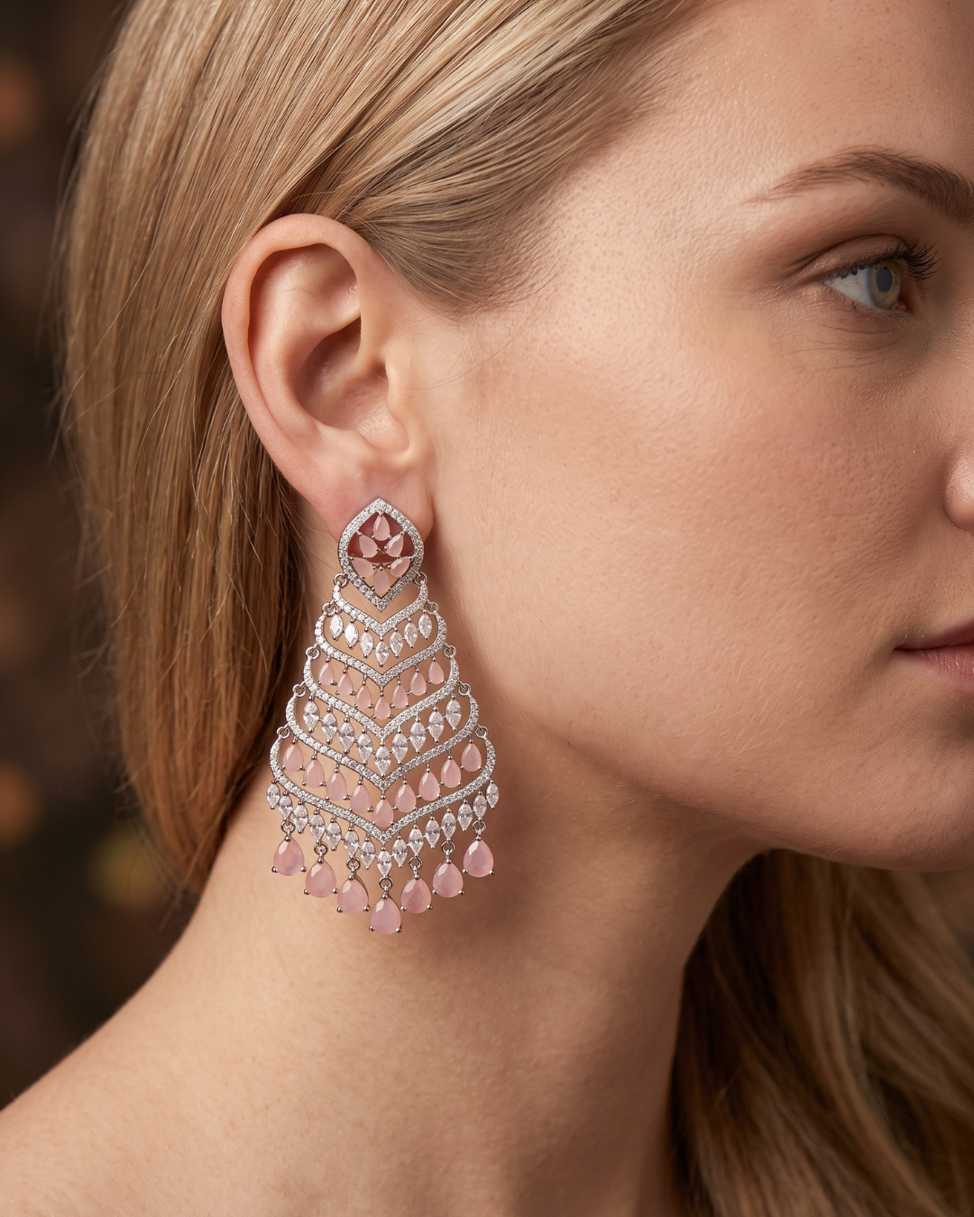 Cubic Zirconia Statement Earrings - Baby Pink / Silver