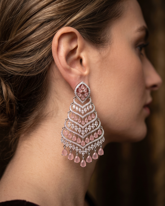 Cubic Zirconia Statement Earrings - Baby Pink / Silver
