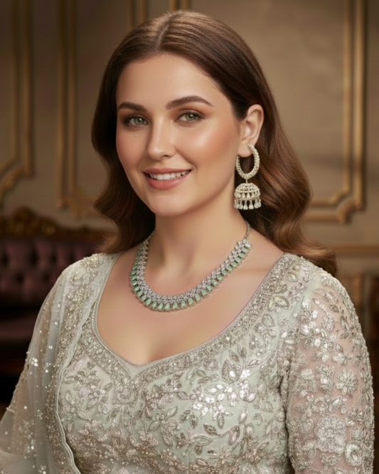 American Diamond Style Necklace Set - Silver/Mint