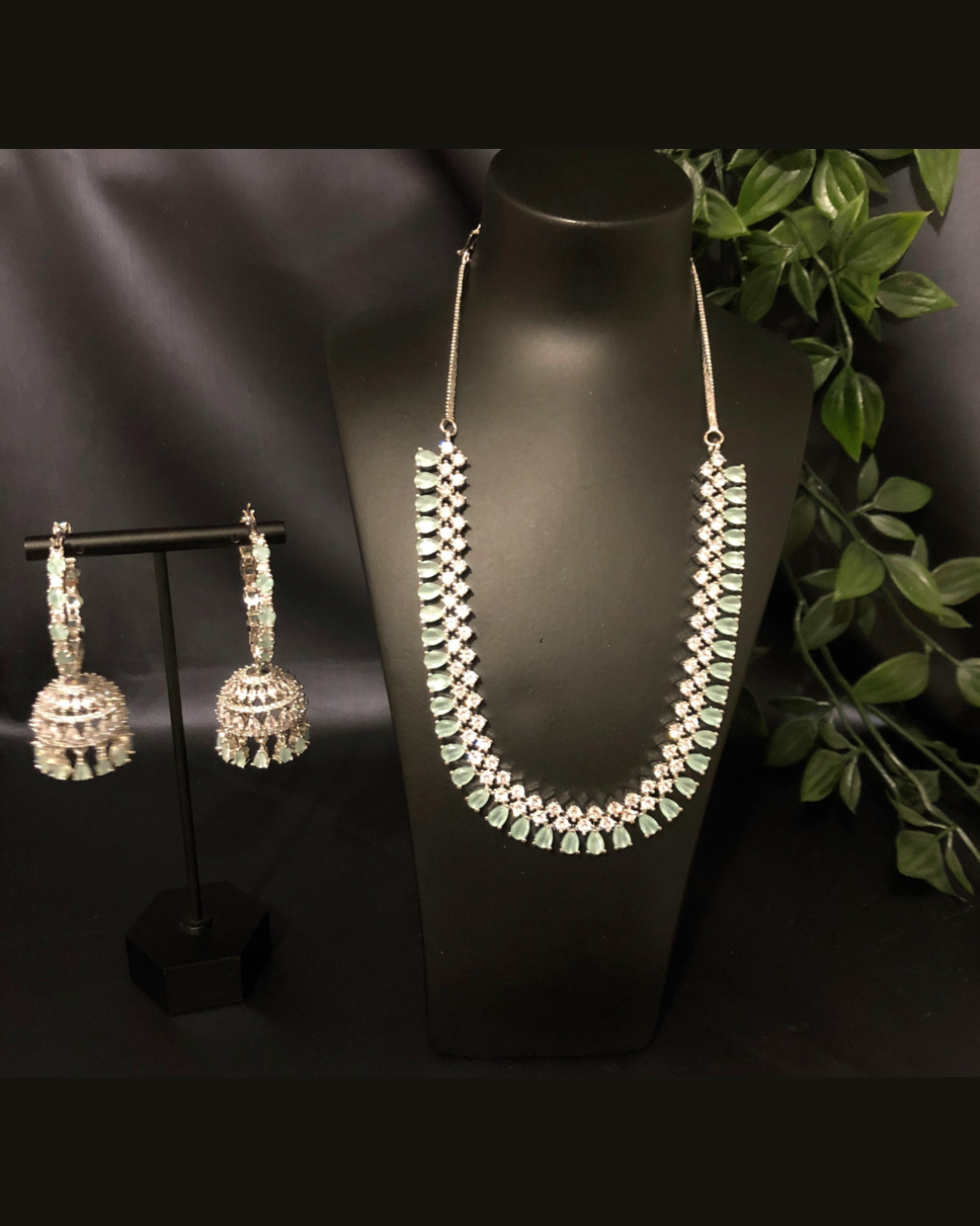 American Diamond Style Necklace Set - Silver/Mint