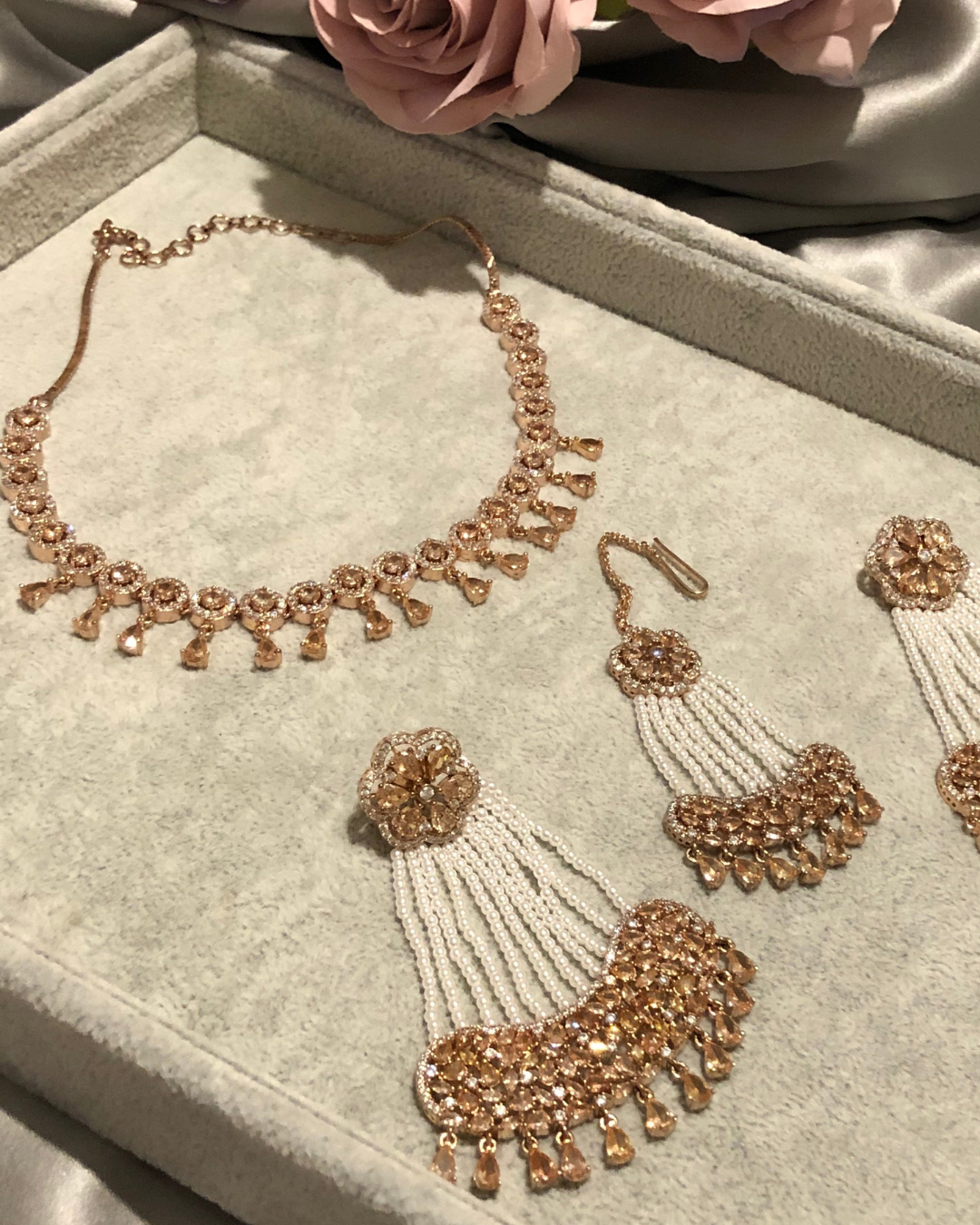 American Diamond Style Necklace Set - Rose Gold
