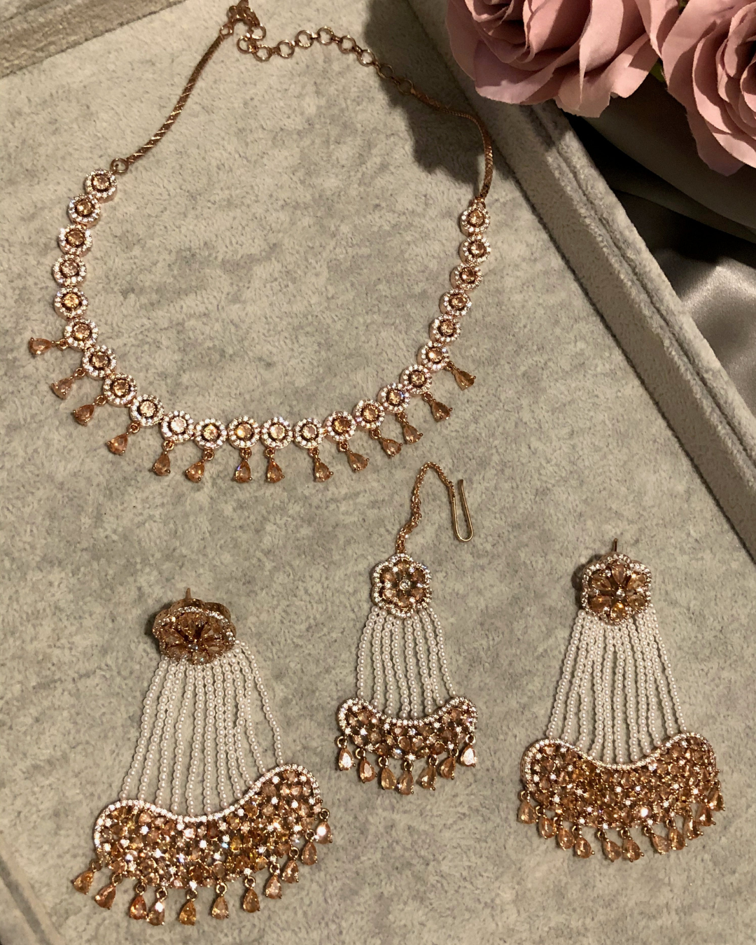American Diamond Style Necklace Set - Rose Gold