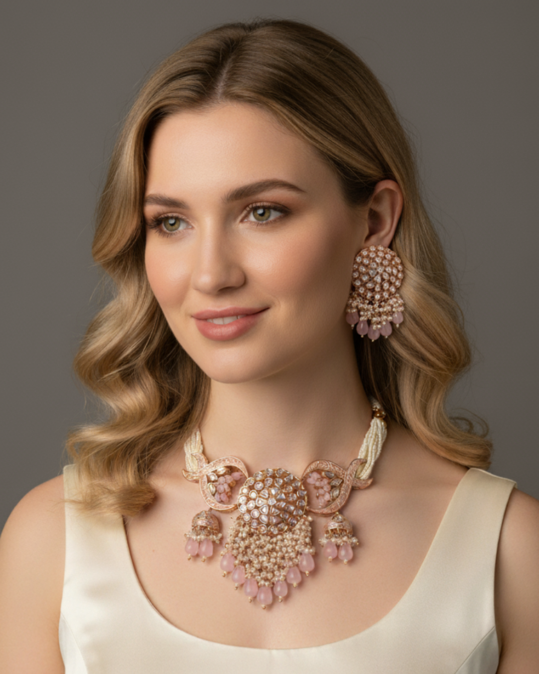 ARSHPREET Baby Pink Uncut-Kundan Necklace/Choker Set