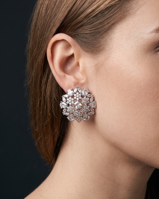 Cubic Zirconia Statement Earrings - Silver