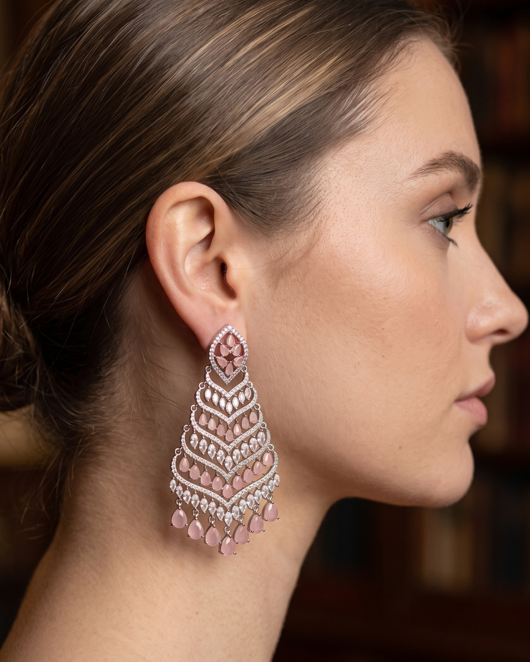 Cubic Zirconia Statement Earrings - Baby Pink / Silver